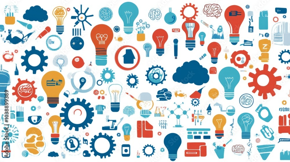 Colorful light bulbs, gears, and brains pattern on white background. Colorful light bulbs, gears, and brains pattern on white background.