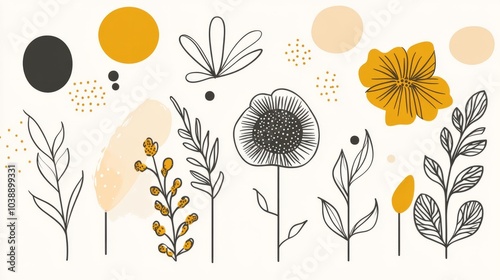 Abstract floral elements with black and yellow colors on white background.
