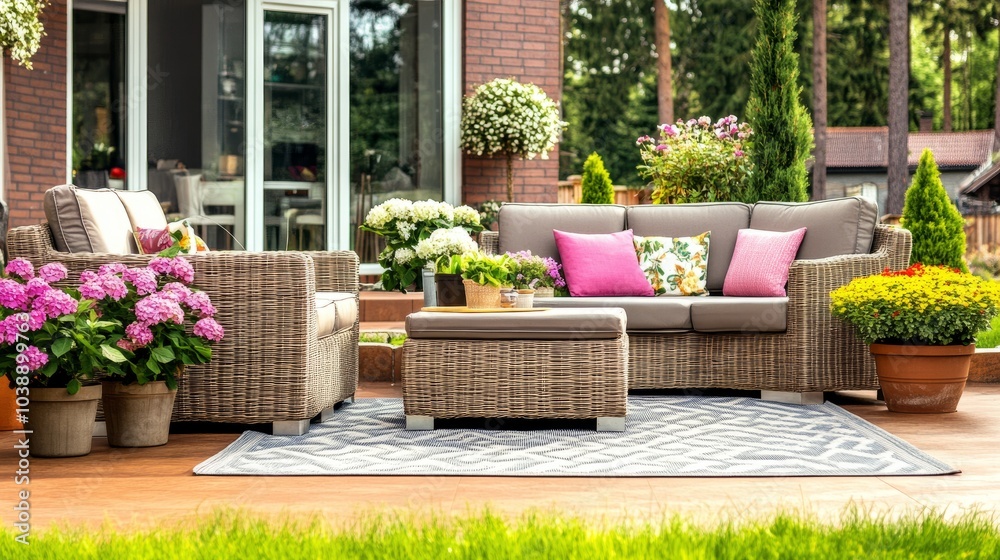 Obraz premium Comfortable wicker patio furniture set with cushions on a wood deck, surrounded by plants and flowers.