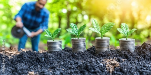 Several stacks of coins with plants growing out of them and a man watering a watering can in the background - Backgrounds and Textures photo