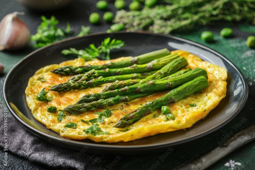 Spring omelette with asparagus and herbs Simple healthy recipes from Southern Europe food background close up Spring omelette with asparagus and herbs Simple healthy recipes from Southern Europe food background close up
