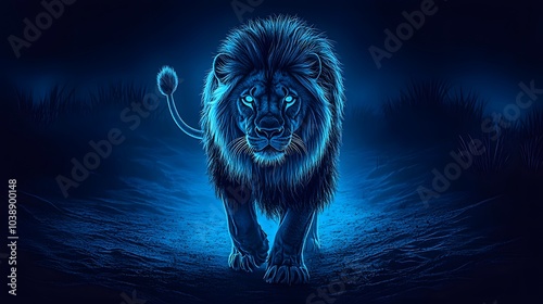 backlight rounded style photo of a blue desert, epic, alight blue lion standing in front, blue black and white colors

