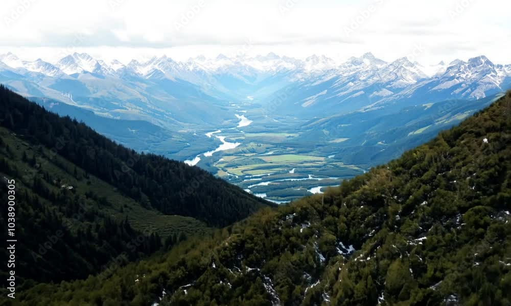 A picturesque river flowing in the lowlands of the mountains, surrounded by dense forest and beautiful scenery A picturesque river flowing in the lowlands of the mountains, surrounded by dense forest and beautiful scenery