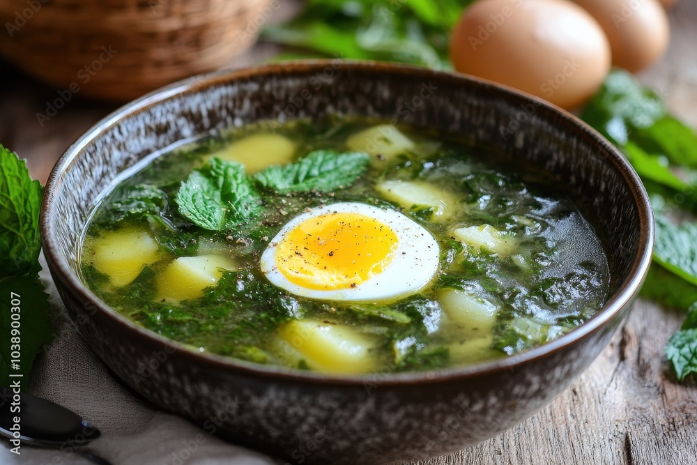 Spring soup with greens potatoes and egg Spring soup with greens potatoes and egg