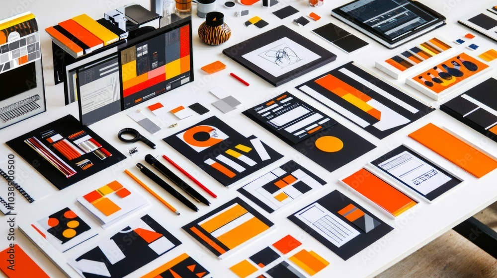 Flat lay of design elements and tools with orange, yellow, and black colors on a white surface. Flat lay of design elements and tools with orange, yellow, and black colors on a white surface.