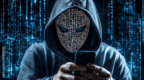 hacker wearing white mask with binary code digital interface using smartphone to steal financial data double exposure data theft internet fraud darknet deepweb and cyber security concept. AI generated photo