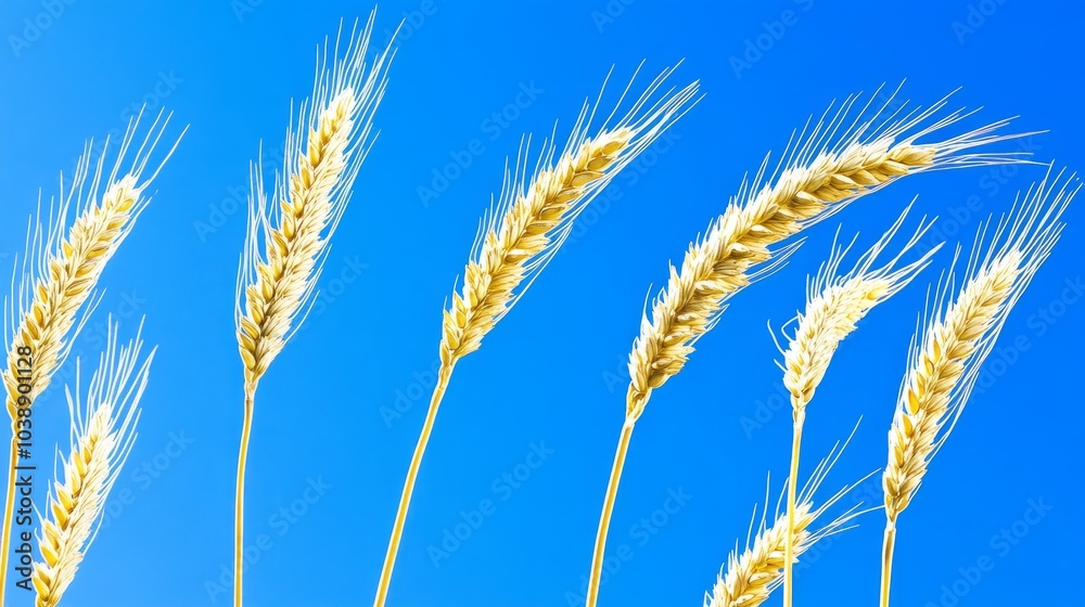 Golden wheat stalks sway gently in the breeze against a bright blue sky. Golden wheat stalks sway gently in the breeze against a bright blue sky.