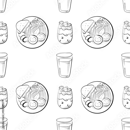 vector seamless pattern line art elements - food, cuisine breakfast plate with eggs, cheese, vegetables and lavash, yogurt, glass