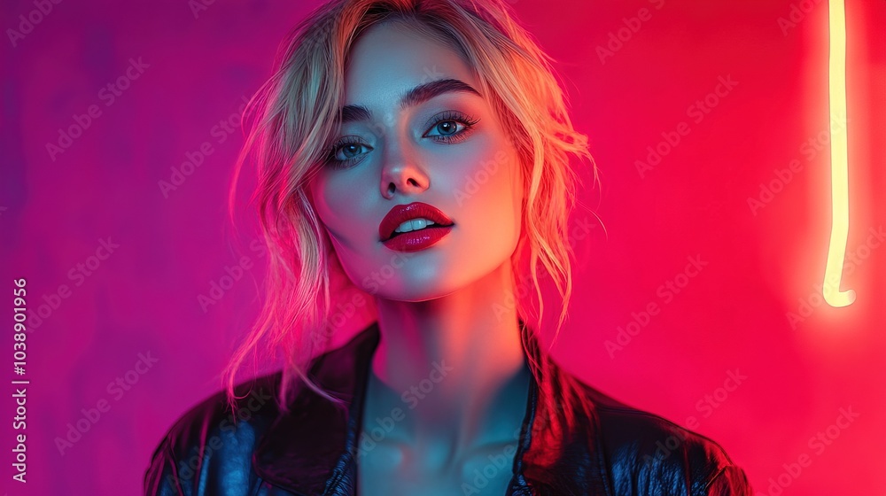 Elegant hot blonde woman red lips in jacket on neon background smiling and surprised Elegant hot blonde woman red lips in jacket on neon background smiling and surprised