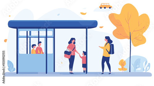 Father and daughter meeting mother and son at bus stop. Happy family, woman picking child from school flat vector illustration.
