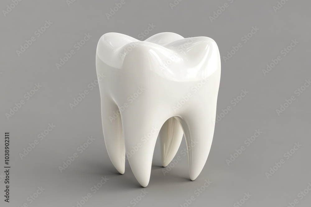 Tooth model on gray background showcasing dental anatomy.