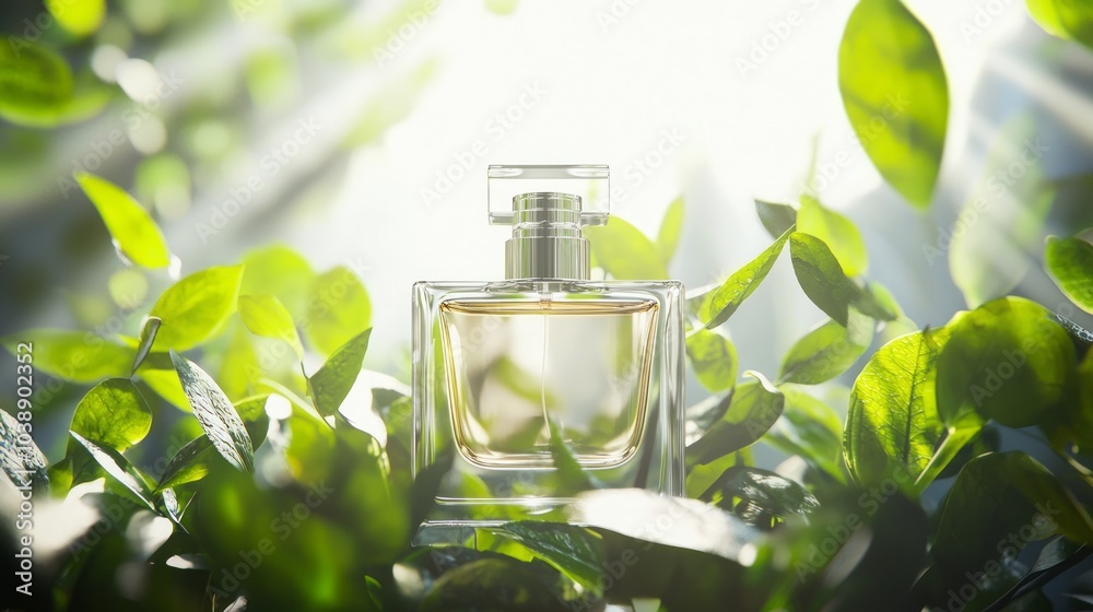 Sophisticated Perfume Bottle Mockup in Lush Greenery with Cinematic Lighting for Luxury Branding Concept Sophisticated Perfume Bottle Mockup in Lush Greenery with Cinematic Lighting for Luxury Branding Concept