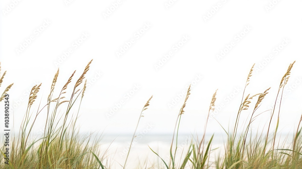 A serene coastal scene with tall grass swaying against a soft, white sky. A serene coastal scene with tall grass swaying against a soft, white sky.