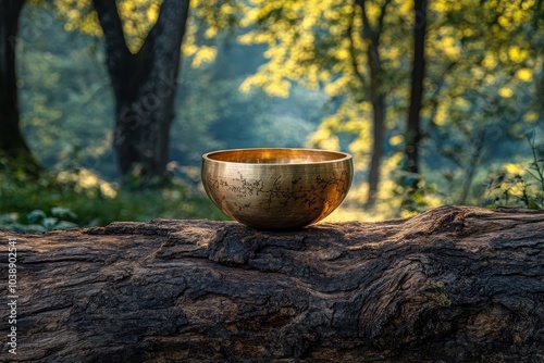 Stunning picture of a singing bowl on a fallen tree