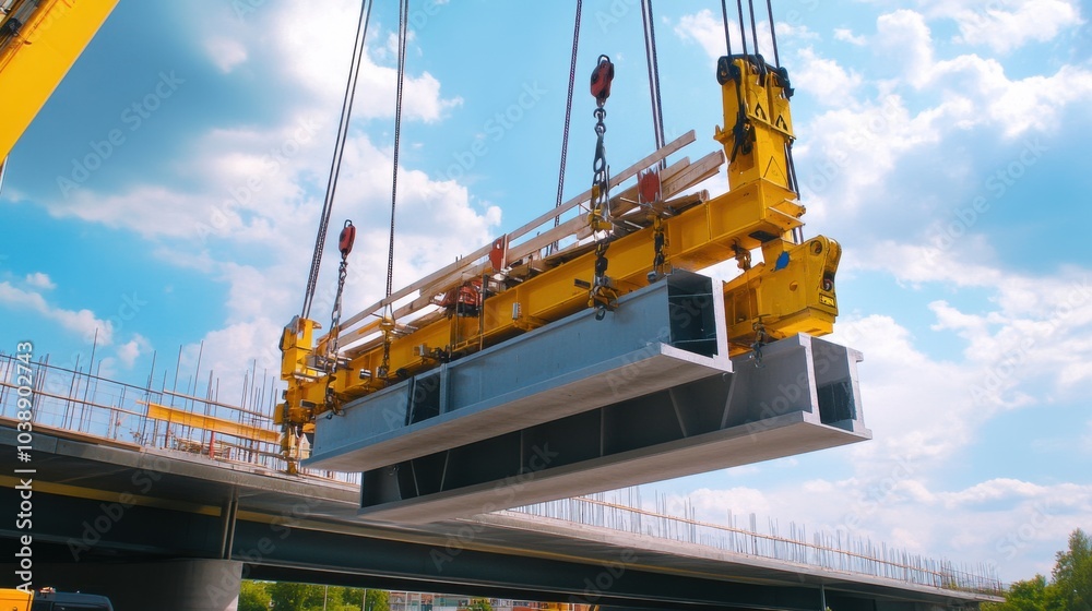 Fototapeta premium A cinematic view of a construction crane operator lifting heavy prefabricated sections for a bridge construction project, Prefabricated bridge construction scene, Strategic and logistical style