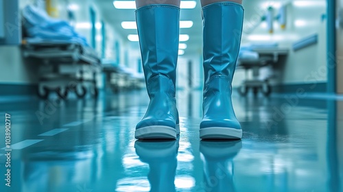 Doctor boots standing on hospital hallway 