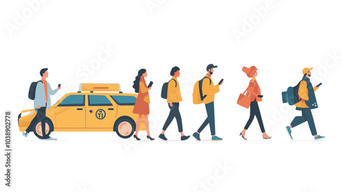 Set of friends and couples going out to downtown. Flat vector illustrations of people ordering taxi by call. Walking,
