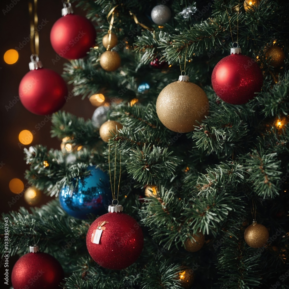 Fototapeta premium Colorful toys hang from the holiday tree