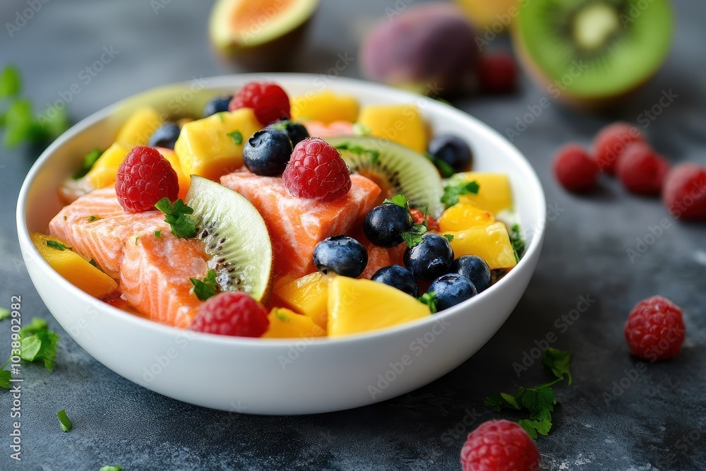 Summer fruits salmon ceviche features crème fraîche mango figs blueberries raspberries and kiwi Summer fruits salmon ceviche features crème fraîche mango figs blueberries raspberries and kiwi