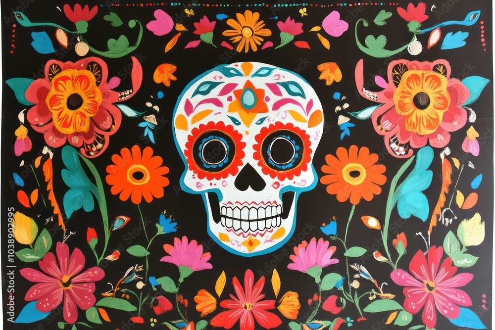 A papel picado banner with colorful skull and flower illustrations. A papel picado banner with colorful skull and flower illustrations.
