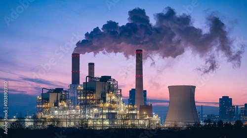 industrial power plant spewing smoke into twilight sky