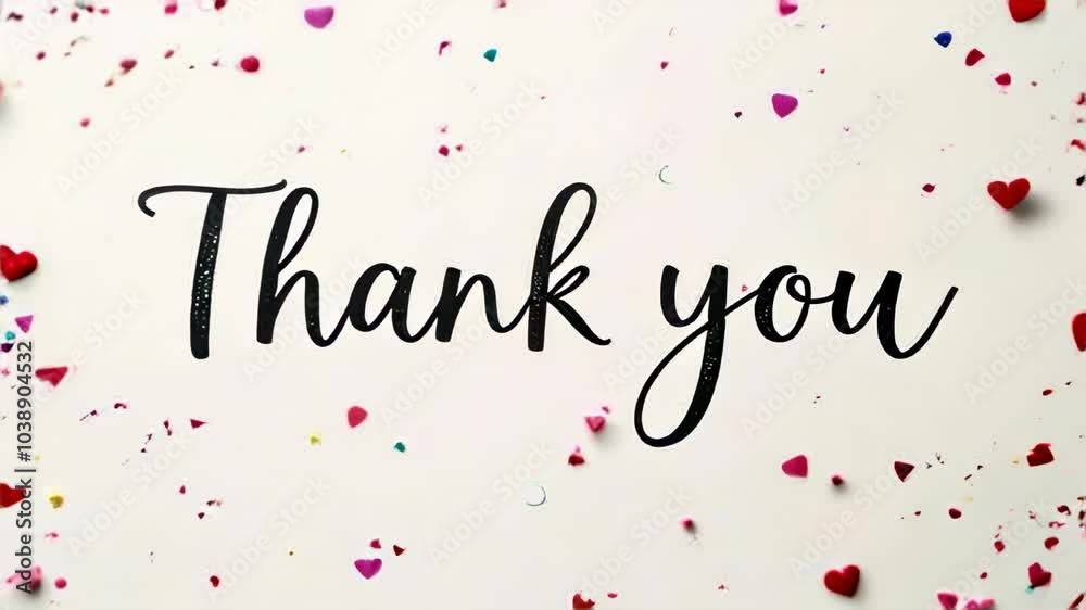 Animated thank you text with swirling lines and confetti red hearts on light background Animated thank you text with swirling lines and confetti red hearts on light background