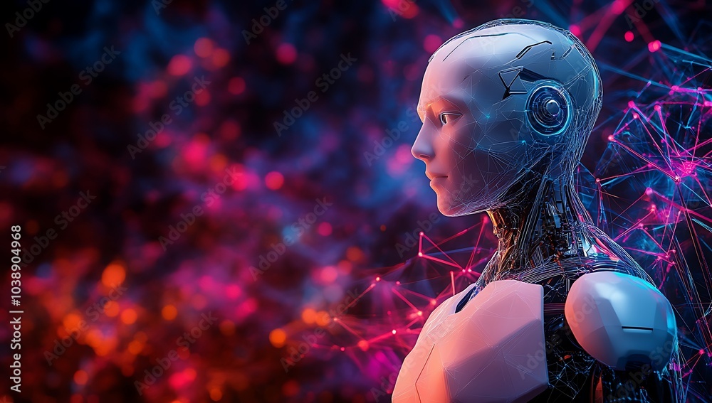 Naklejka premium 3D humanoid AI robot metaverse cyberspace digital world background, revolution of AI artificial intelligence automated digital technology industry 4.0, artificial intelligence, humanoid concept.