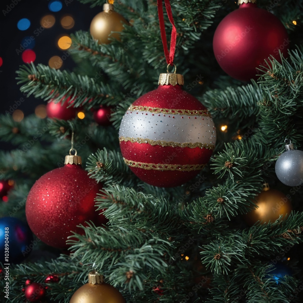 Fototapeta premium Delightful new year’s ornaments transform the Christmas tree into a magical wonderland of celebration