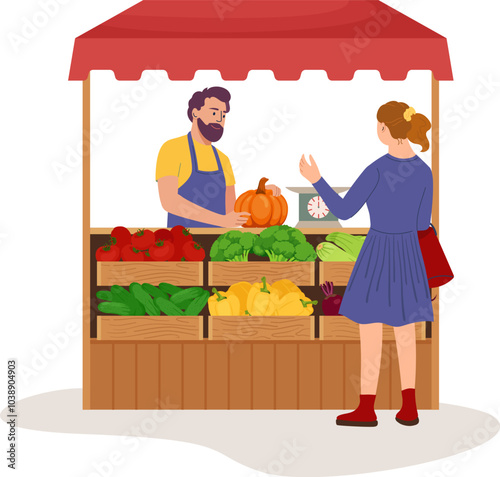 Local farmer offering fresh vegetables. Vendor selling natural organic domestic produce. Buyer at vegetable counter on market. Flat vector illustration isolated on white background