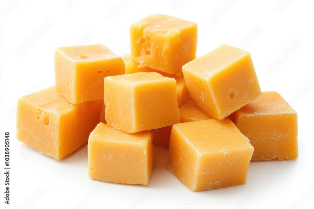 Tasty cheese cubes against a white backdrop Tasty cheese cubes against a white backdrop
