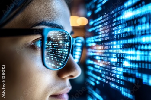 Cyber Security Concept, Stocked Image of Close-Up of Eyes and Glasses with Computer Monitor Reflection