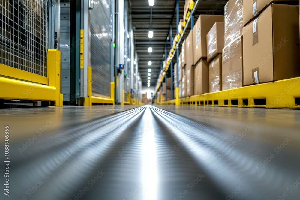 Logistics and e-commerce with a conveyor belt moving boxes Logistics and e-commerce with a conveyor belt moving boxes