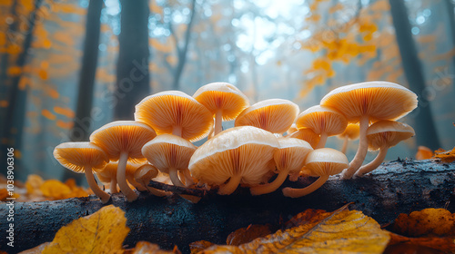 Mushrooms grow on a fallen log under a canopy of foggy autumn trees in a tranquil forest setting photo