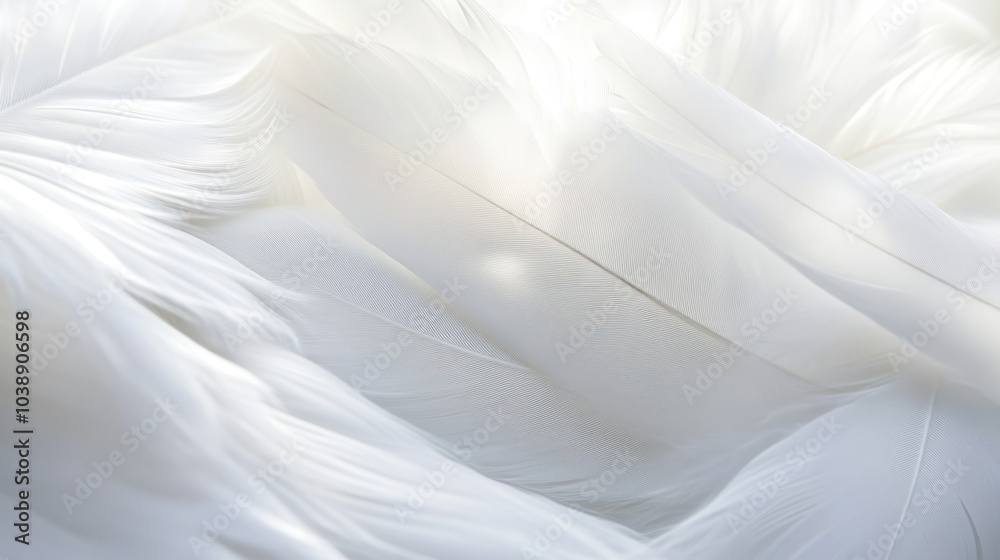 A close-up of delicate white feathers, showcasing their soft texture and intricate patterns. A close-up of delicate white feathers, showcasing their soft texture and intricate patterns.