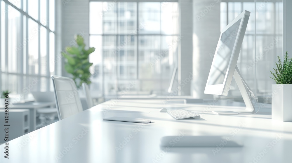 A bright, modern office space with a computer and greenery, promoting productivity and focus. A bright, modern office space with a computer and greenery, promoting productivity and focus.