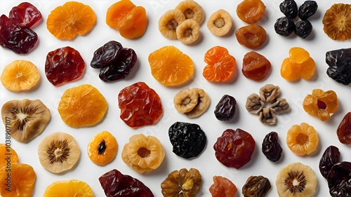 A variety of dried fruit pieces displayed artistically, isolated on a bright white canvas, produced using advanced. photo