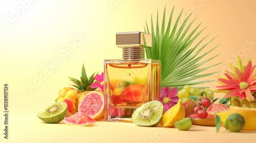 Exotic Summer Scent - Luxury Perfume Mockup with Fresh Fruits and Tropical Flowers in Ultra-Detailed Cinematic Light
