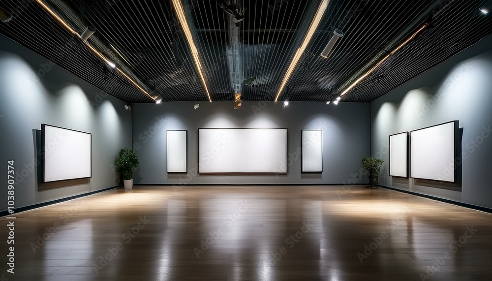 Blank partitions in a modern gallery, illuminated by spotlights, create a minimalist and professional space ideal for art exhibitions and creative displays Blank partitions in a modern gallery, illuminated by spotlights, create a minimalist and professional space ideal for art exhibitions and creative displays