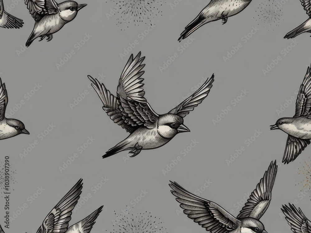 Obraz premium Sparrow in Flight Ink Drawing beautiful Fabric Wallpaper Design