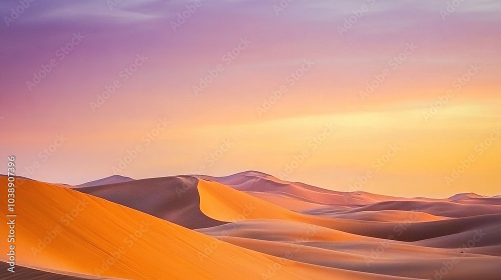Desert landscape with sand dunes in the foreground & purple sky with clouds in the background Desert landscape with sand dunes in the foreground & purple sky with clouds in the background