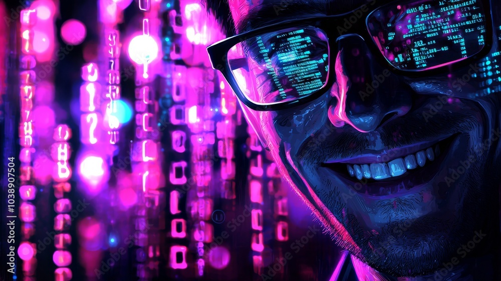 An engineer is coding on a colorful high tech background with a smile on his face An engineer is coding on a colorful high tech background with a smile on his face
