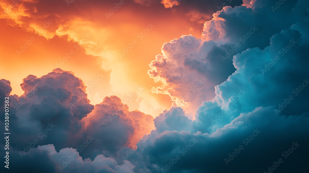 Majestic clouds illuminated by sunset hues over the horizon in a peaceful evening sky Majestic clouds illuminated by sunset hues over the horizon in a peaceful evening sky