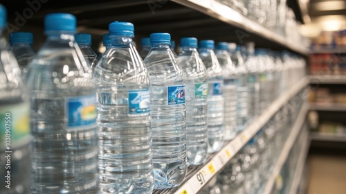 A row of bottled water on a supermarket shelf, showcasing various brands and sizes.