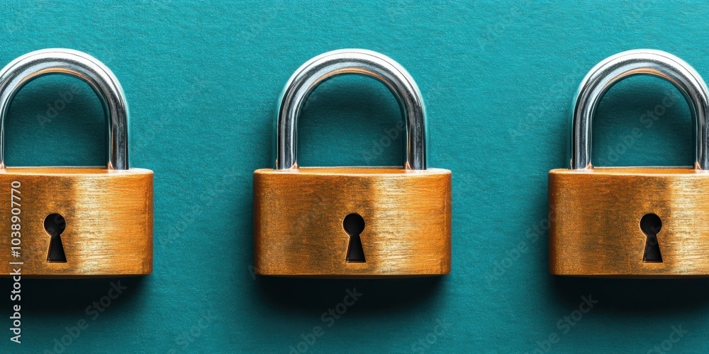 Fototapeta premium Three golden padlocks on a green surface with a keyhole in the middle - Landmarks