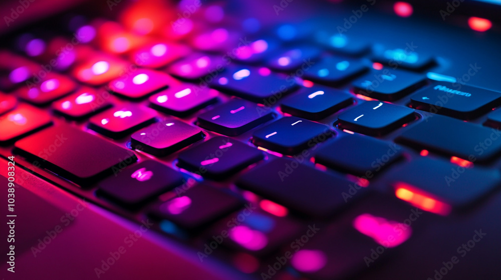 Colorful backlit keyboard creating a vibrant atmosphere in a dark workspace at night Colorful backlit keyboard creating a vibrant atmosphere in a dark workspace at night