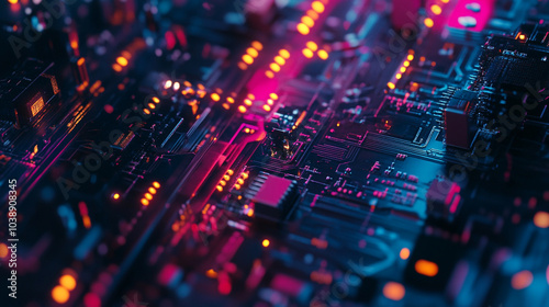 Wallpaper Mural Vibrant close-up of a circuit board illuminated by neon lights in a dark environment Torontodigital.ca