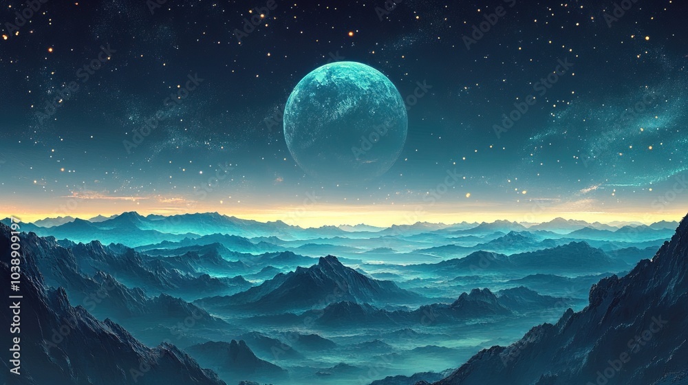 Cosmic landscape with gradient grainy texture and celestial night scene Cosmic landscape with gradient grainy texture and celestial night scene
