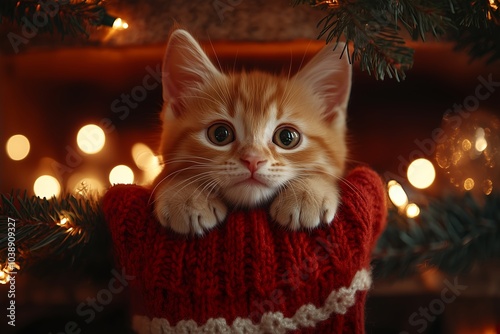 Adorable orange kitten peeking out of a festive red stocking surrounded by holiday lights