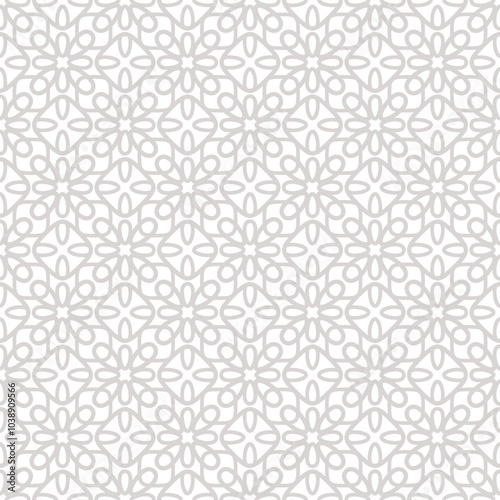 Abstract vector seamless pattern. Subtle light gray and white floral geometric ornament. Simple background texture with small flower silhouettes, grid, lattice, repeat tiles. Design for print, decor