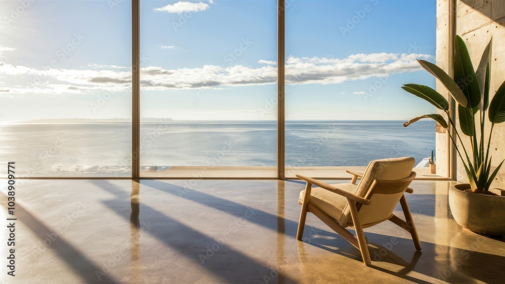 Serene coastal escape a minimalist chair with stunning ocean view and natural light inviting relaxation and reflection Serene coastal escape a minimalist chair with stunning ocean view and natural light inviting relaxation and reflection